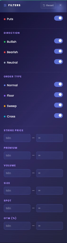 0DTE Flow filters drawer with puts, direction, order type, and min max ranges and no DTE fields