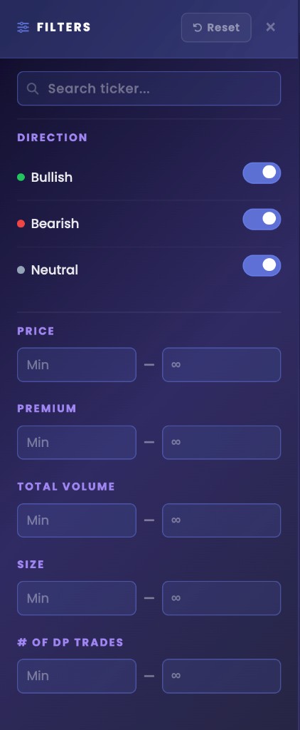 1M+ Dp Volume Flow filters drawer with direction toggles and min max fields for price, premium, volume, and size