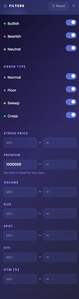 1M+ Premium Flow filters drawer with direction, order type, and a fixed $1M premium minimum