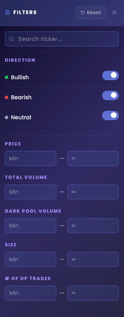 1M+ Dark Pool Premium Flow filters drawer with direction toggles and min max fields for price, volume, and size