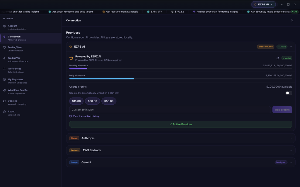 EZPZ Finn Settings, Connection section with EZPZ AI marked Elite Included and Active, monthly and daily allowance bars, usage credits, and the Anthropic, AWS Bedrock and Gemini providers