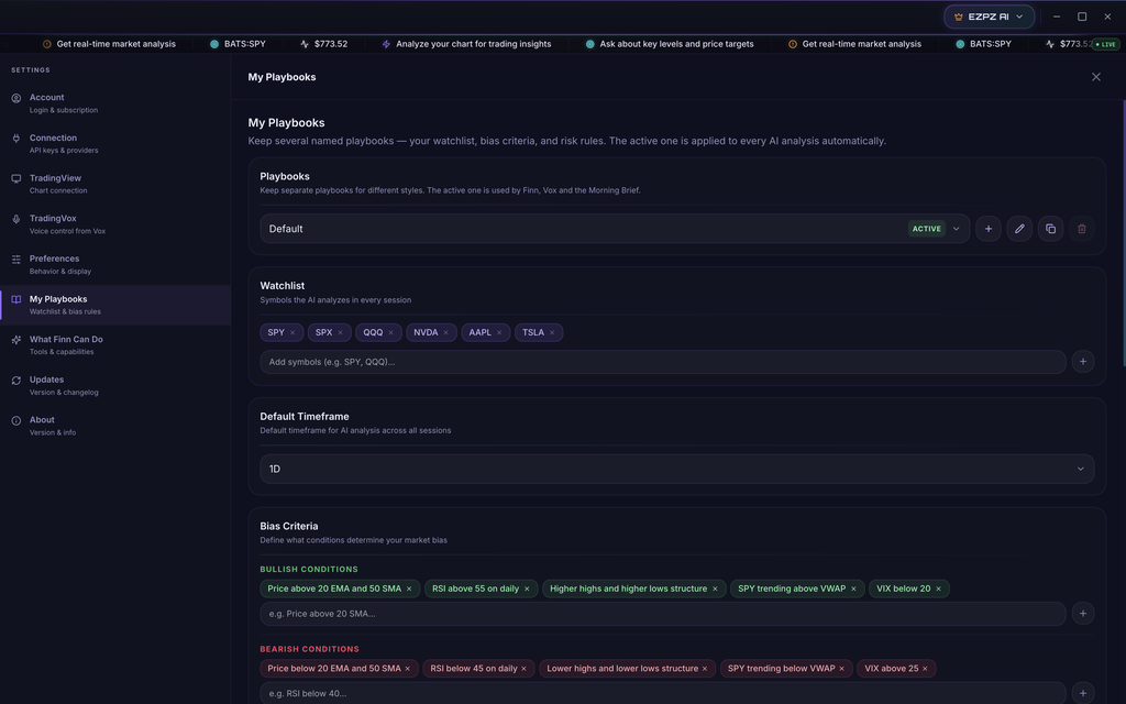 EZPZ Finn Settings, My Playbooks section with the Default playbook marked Active, a watchlist of SPY, SPX, QQQ, NVDA, AAPL and TSLA, a 1D default timeframe, and bullish and bearish bias conditions