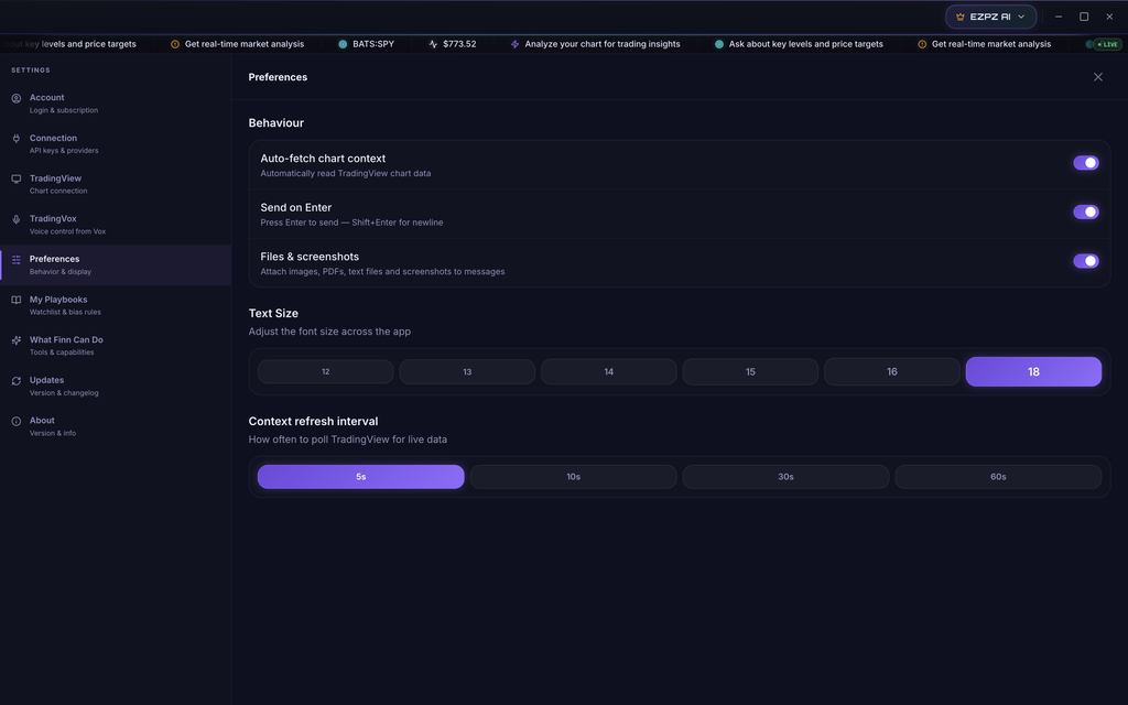 EZPZ Finn Settings, Preferences section with Behaviour toggles, Text Size buttons from 12 to 18, and Context refresh interval buttons from 5s to 60s
