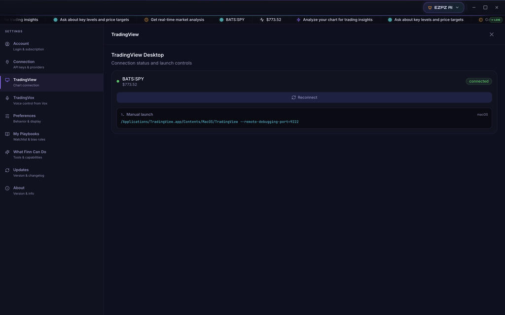 EZPZ Finn Settings, TradingView section showing TradingView Desktop connected on BATS:SPY with a Reconnect button and the macOS manual launch command