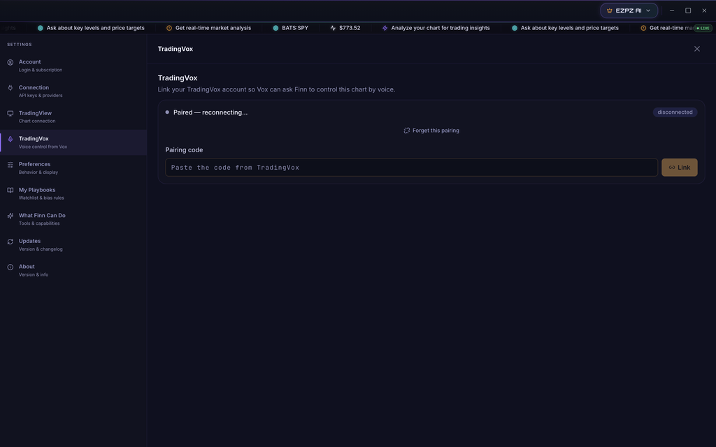 EZPZ Finn Settings, TradingVox section with pairing status, a Forget this pairing link, and a pairing code box with a Link button