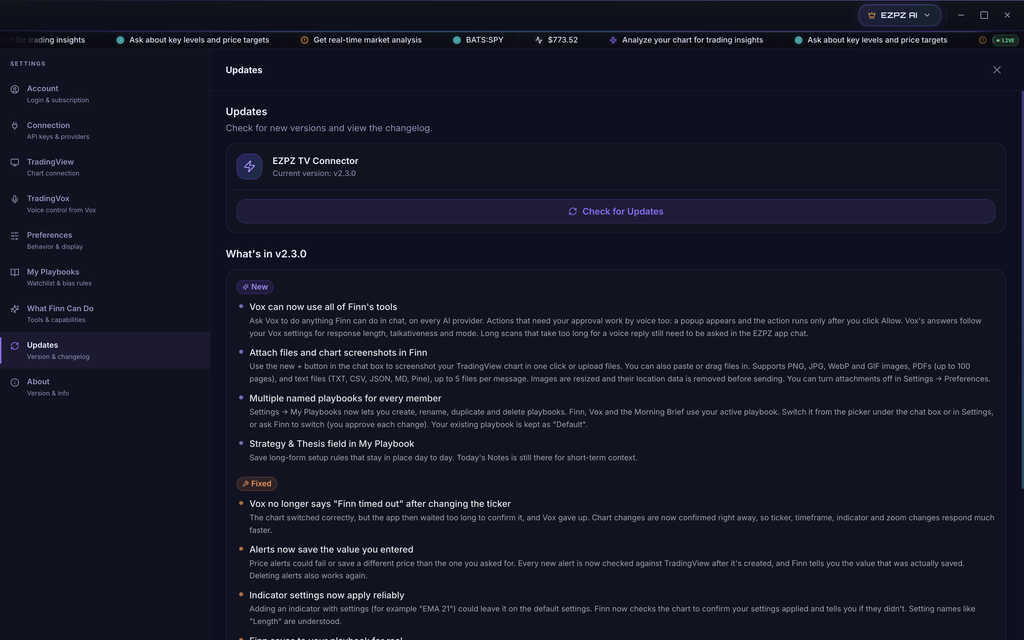 EZPZ Finn Settings, Updates section showing EZPZ TV Connector version 2.3.0, a Check for Updates button, and the New and Fixed notes for v2.3.0