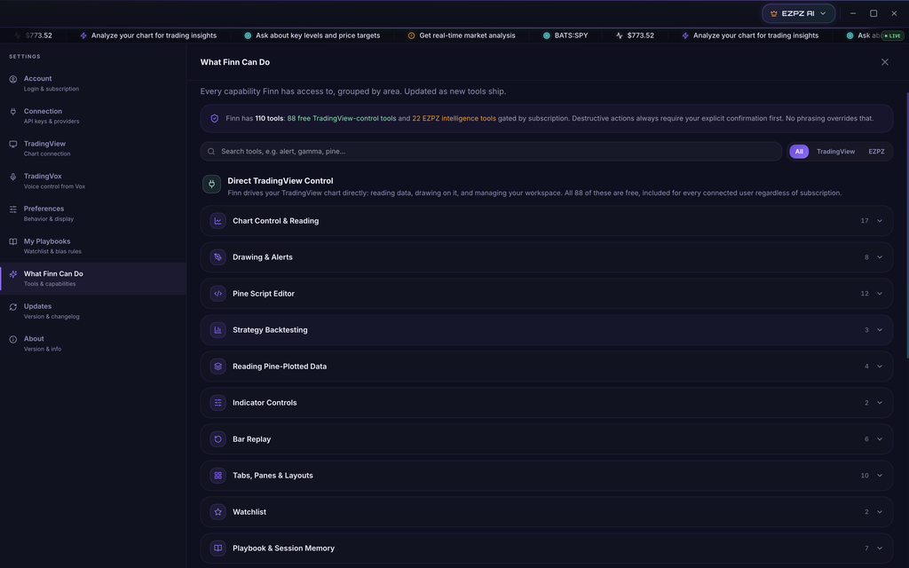 EZPZ Finn Settings, What Finn Can Do section listing 110 tools, with a tool search box, All, TradingView and EZPZ filters, and the Direct TradingView Control groups with tool counts