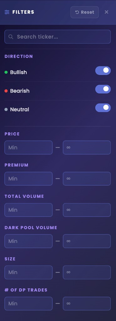 Dark Pool Flow filters drawer with direction toggles and min max fields for price, premium, volume, and size