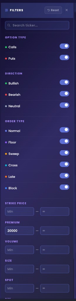 Live Flow filters drawer with option type, direction, order type, and premium gates