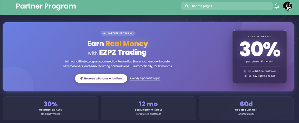 EZPZ Partner Program page with the headline Earn Real Money with EZPZ Trading, a Become a Partner button, a 30% commission rate card showing per referral for 12 months, up to $702 per customer and a 60 day tracking cookie, and three stat tiles for 30% commission rate, 12 month commission window and 60 day cookie duration