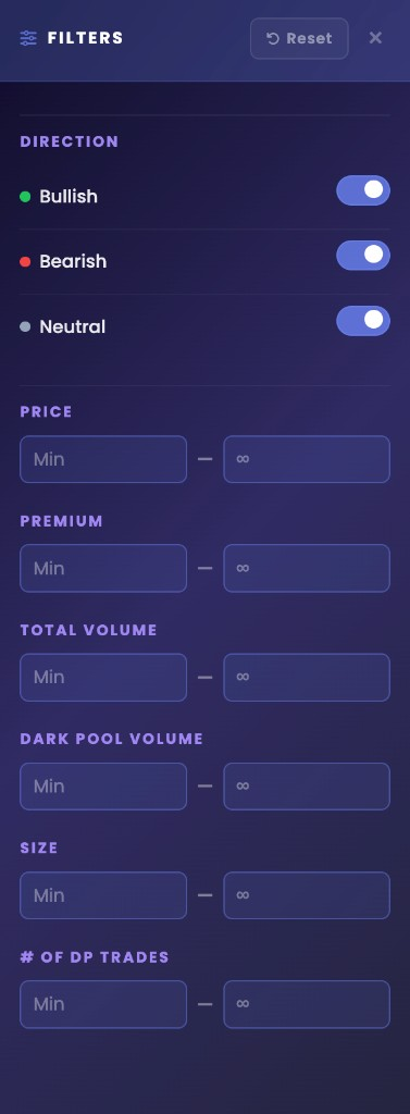 SPY Flow filters drawer with direction toggles and min max fields for price, premium, volume, and size