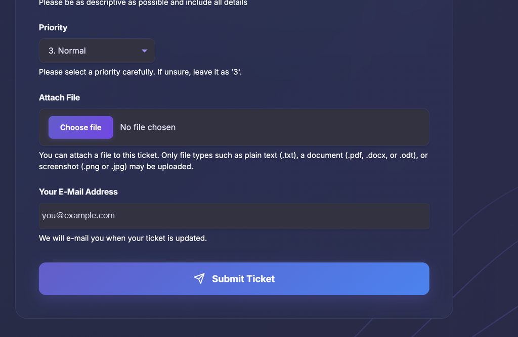 Lower half of the EZPZ Submit a Ticket form showing a Priority dropdown set to 3. Normal with the hint to leave it as 3 if unsure, an Attach File box with a Choose file button and No file chosen, help text listing the allowed file types, a Your E-Mail Address box filled in, the line We will e-mail you when your ticket is updated, and a wide Submit Ticket button