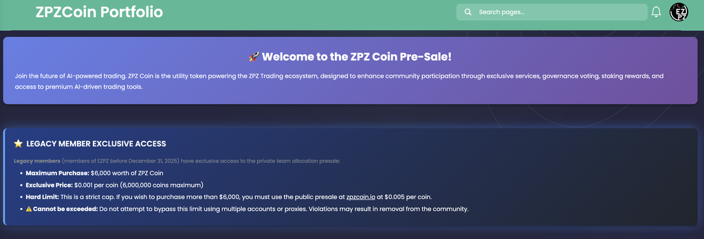 EZPZ ZPZCoin Portfolio welcome banner and Legacy Member Exclusive Access notice listing a $6,000 maximum purchase at $0.001 per coin